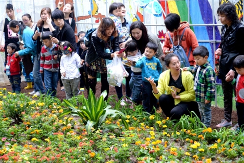 4月27日，游客在“蝴蝶谷”觀賞花叢中的蝴蝶。