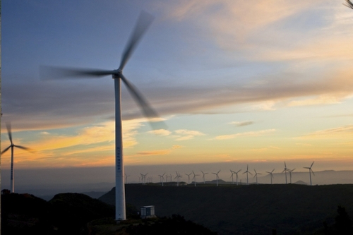 這是5月6日拍攝的山東煙臺棲霞唐山風電場。