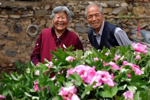 　5月13日，許潤枕（右）和老伴兒董振賢在牡丹花前合影。