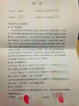 男女雙方簽署的協(xié)議書(shū)。