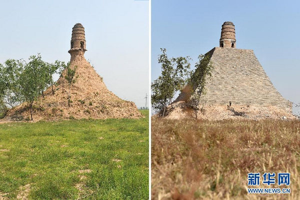 左圖：修繕前的山西祁縣文峰塔（7月28日攝）；右圖：修繕后的文峰塔（10月15日攝）（拼版照片）。