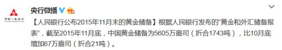 央行：截至11月底中國黃金儲(chǔ)備為5605萬盎司