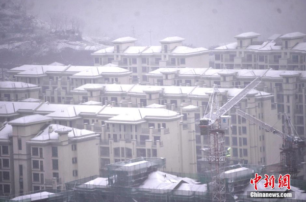 1月23日，重慶主城區(qū)迎來罕見大雪天氣，一小區(qū)綠化帶變成了白茫茫的雪地。圖為樓頂上積滿了白雪。 陳超 攝