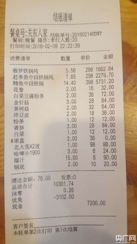 飯店提供的最終結(jié)算單