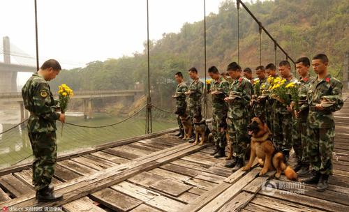 2016年3月29日，云南瑞麗，邊防大隊(duì)江橋警犬復(fù)訓(xùn)基地的官兵在警犬墓群前，帶著警犬列隊(duì)，悼念特殊的“警犬戰(zhàn)友”，敬獻(xiàn)花環(huán)。脫帽、默哀、敬禮，簡(jiǎn)單的儀式承載了官兵與警犬之間深厚的戰(zhàn)友情誼。11年來(lái)，這個(gè)基地先后有12頭警犬光榮地完成使命，葬在山頭。