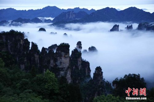 飄渺無形的云海穿梭在連綿峰林間，奇美無比。3