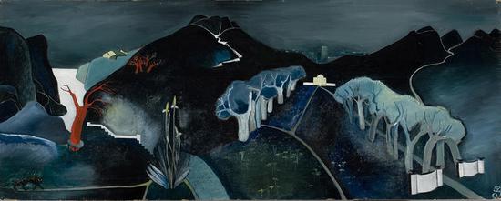 　　Tove Jansson， Mysterious Landscape， c。 1930， Oil on plywood， 61 x 152.5 cm， Ateneum Art Museum。 Photo： Finnish National Gallery / Hannu Aaltonen