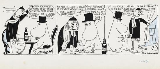 　　Tove Jansson， Comic strip Moomin on the Riviera， 1955， British Cartoon Archive， University of Kent。 Photo： Finnish National Gallery / Jenni Nurminen