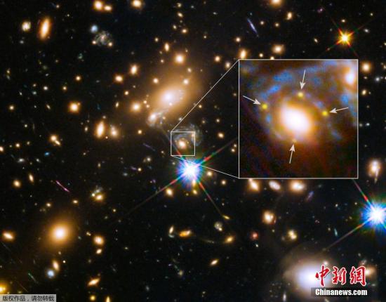 資料圖：2015年3月5日，NASA發(fā)布了哈勃太空望遠鏡拍攝的MACS J1149.6+2223星系團照片。