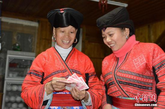 1月27日，廣西龍勝各族自治縣龍脊鎮(zhèn)大寨村的瑤嫂正在清點(diǎn)分到的梯田維護(hù)費(fèi)。1月27日至1月28日，廣西龍勝各族自治縣龍脊鎮(zhèn)大寨村村委會(huì)將110多萬元的“紅利”分發(fā)到200多戶的群眾手中。龍脊鎮(zhèn)大寨村從2003年開寨接待游客以來，該縣通過旅游扶貧方式引導(dǎo)該村群眾以梯田入股方式與當(dāng)?shù)氐凝埣孤糜喂韭?lián)營，旅游公司則將門票收入按一定的比例為當(dāng)?shù)氐拇迕癜l(fā)放梯田維護(hù)費(fèi)。目前，大寨村的游客多了，大部分村民開設(shè)了農(nóng)家旅館，和販賣瑤族工藝品等，使其成為當(dāng)?shù)厝罕娫鍪罩赂坏闹饕馈?lt;a target='_blank' href='http://www.chinanews.com/'>中新社</a>發(fā) 韋吉陽 攝