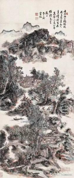 黃賓虹 南高峰小景 設(shè)色紙本  177.5x74cm 1955年作