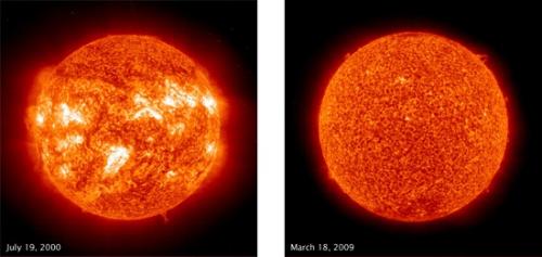 2000年(左)和2009年(右)的太陽紫外線圖像。(圖片來源：NASA)