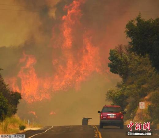 加州地區(qū)高溫持續(xù)，洛杉磯的氣溫更打破了131年來(lái)的最高紀(jì)錄。居高不下的氣溫為撲救工作帶來(lái)了很大困難。圖為加州圣巴巴拉市154號(hào)高速公路上的場(chǎng)景。