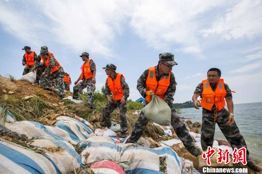 資料圖片，民兵應(yīng)急分隊(duì)冒著酷熱進(jìn)行堤壩加固。　傅建斌 攝