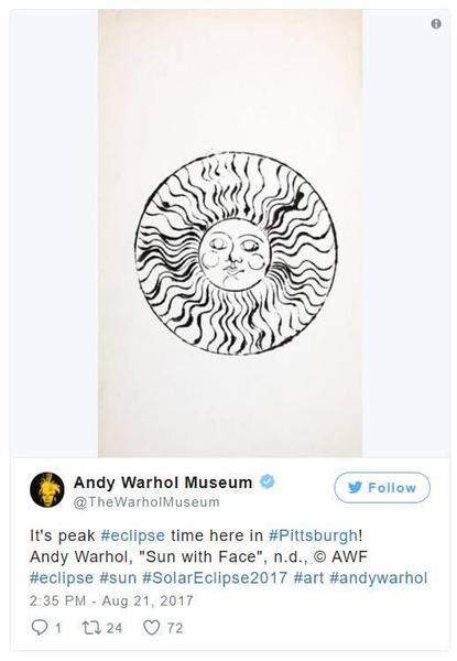 “匹茲堡的日食時間到了！安迪·沃霍爾，《Sun with Face》，n.d。”。圖片：Andy Warhol Museum的Instagram