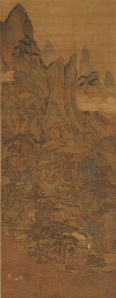 胡廷暉《春山泛艇圖》 絹本，青綠設(shè)色，縱143cm，橫55.5cm，北京故宮博物院藏