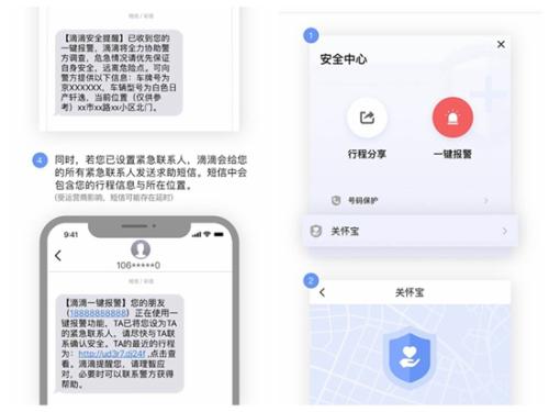 滴滴出行APP“一鍵報(bào)警”及相關(guān)短信展示。截圖