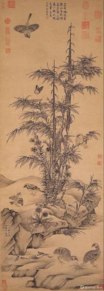 王淵，《竹雀圖》軸，元，紙本水墨，139.3×49.9厘米，日本大阪市立美術(shù)館藏