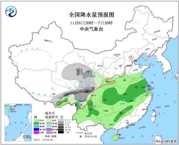 圖1 全國降水量預(yù)報(bào)圖（11月6日20時(shí)-7日20時(shí)）