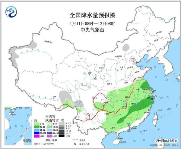 圖4 全國降水量預(yù)報圖(1月11日08時-12日08時)