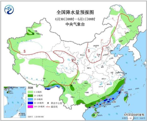 圖3 全國降水量預(yù)報(bào)圖(4月30日08時(shí)-5月1日08時(shí))