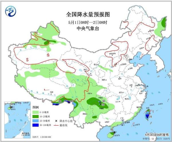 圖4 全國降水量預(yù)報(bào)圖(5月1日08時(shí)-2日08時(shí))