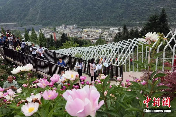 2018年4月30日，汶川青山綠水鮮花盛開(kāi)，吸引游客觀光。 中新社記者 任海霞 攝