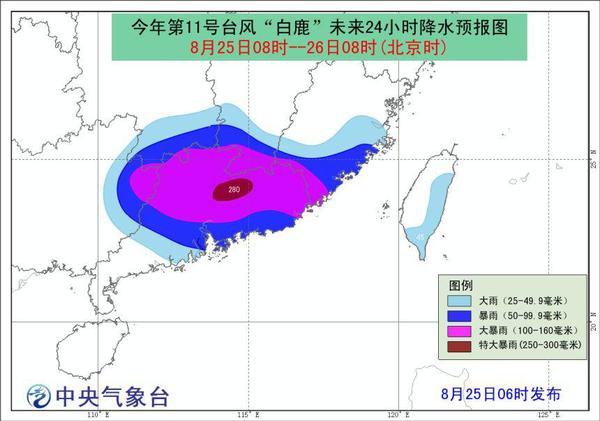圖2今年第11號臺風(fēng)“白鹿”未來24小時降水預(yù)報圖
