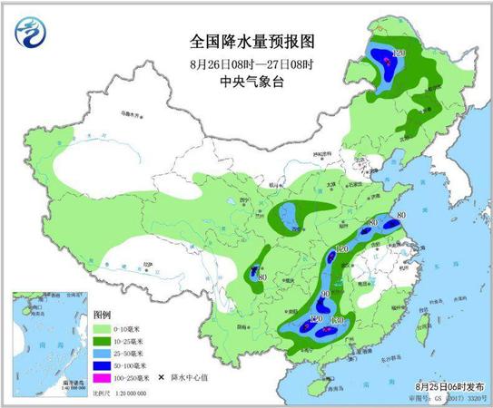 圖4 全國降水量預(yù)報圖(8月26日08時-27日08時)