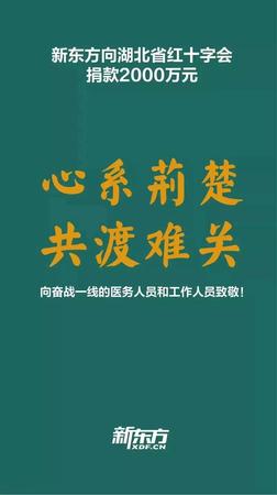 行動(dòng)五-全國(guó)政協(xié)委員、民盟中央常委、民盟海淀區(qū)委盟員俞敏洪所在企業(yè)新東方教育集團(tuán)向湖北省紅十字會(huì)捐款2000萬(wàn)元。