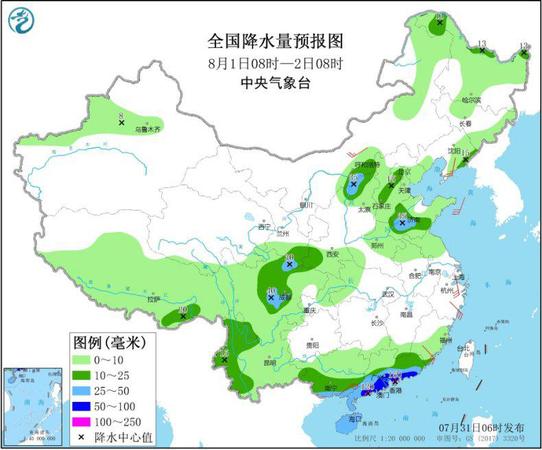 圖2 全國降水量預(yù)報圖（8月1日08時-2日08時）