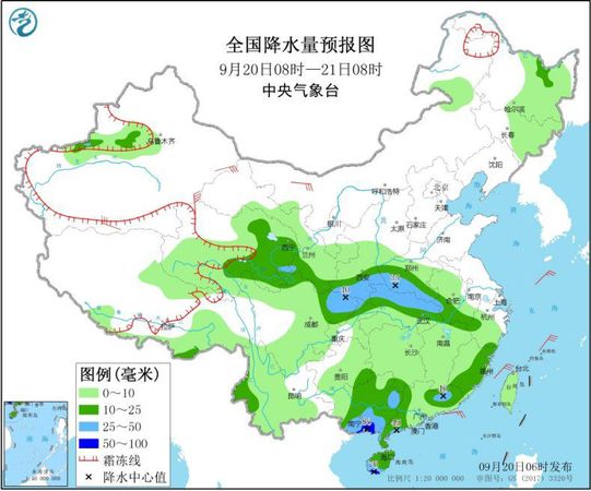 圖1 全國降水量預(yù)報(bào)圖(9月20日08時(shí)-21日08時(shí))