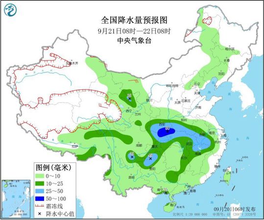 圖2 全國降水量預(yù)報(bào)圖(9月21日08時(shí)-22日08時(shí))