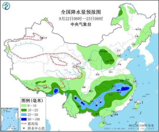 圖3 全國降水量預(yù)報(bào)圖(9月22日08時(shí)-23日08時(shí))